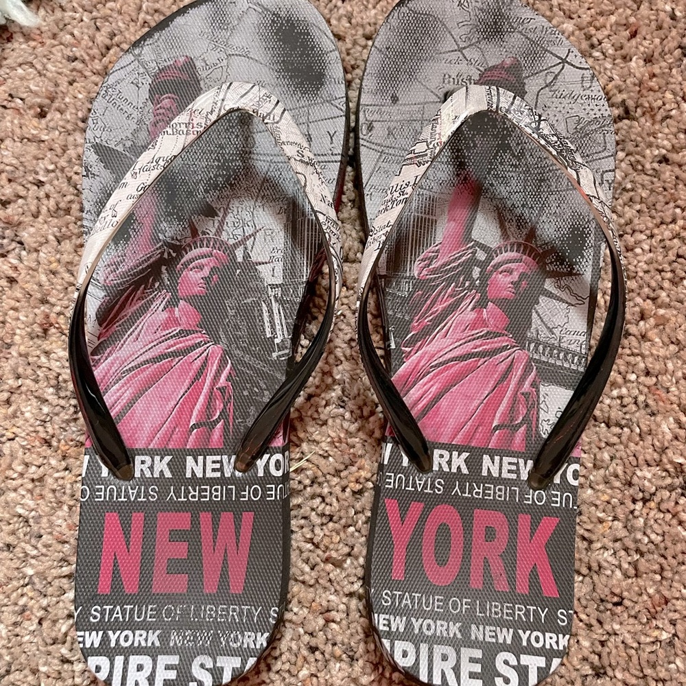 flip flops, size 9, pink gray and black